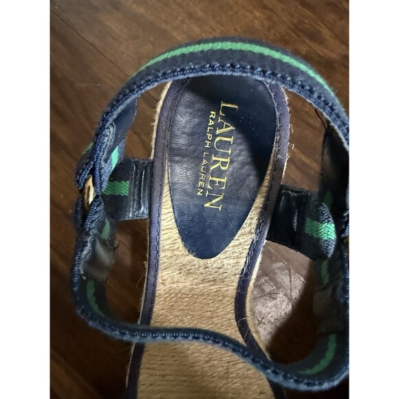 Lauren Ralph Lauren Women’s Wedge Sandals 8.5B Green Navy Strap Ankle 3” Preppy - Picture 9 of 10